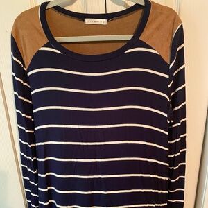 Navy, white stripes with faux suede panel on top